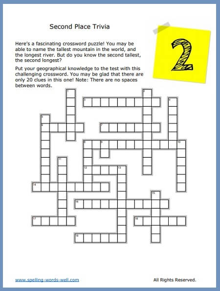 Here's a favorite one of our free online crossword puzzles! It's all about the 2nd tallest or longest geographical feature. Solve it at www.spelling-words-well.com.