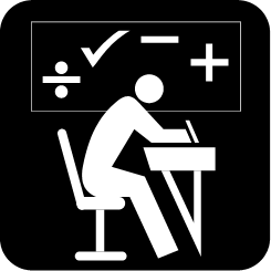 Student at desk and several math symbols