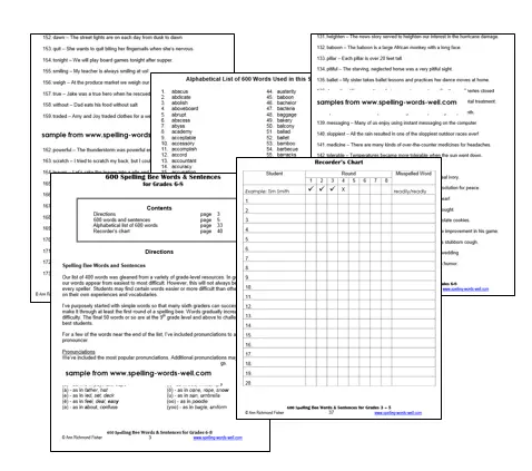 sample pages from the 600 Spelling Bee Words and Sentences eBooks