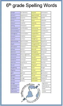 Best 6th grade spelling words printable | Derrick Website