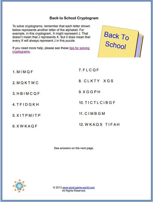 Back to school worksheets: Cryptogram Puzzle