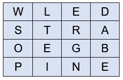 Blue 4 x 4 grid of letters used for one of our fun English Spelling Games