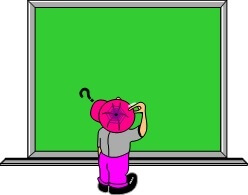 Boy at chalkboard, thinking and questioning