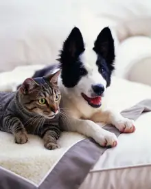 cat and dog sitting together on bed