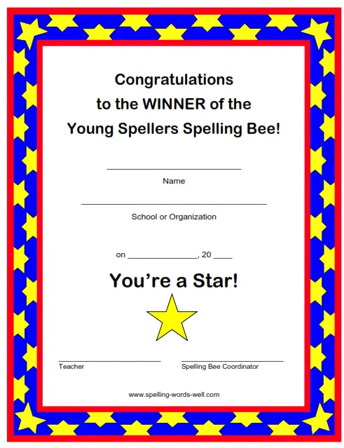 Young Spellers award certificate