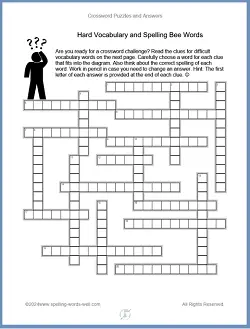 Crossword Puzzles and Answers - Hard Vocab & Spelling Bee Words Crossword