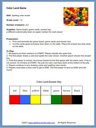 "Color Land" game rules, one of our fun elementary spelling games