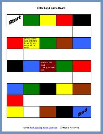 "Color Land" game board, one of our fun elementary spelling games