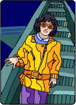 Woman in a yellow jacket coming down an escalator