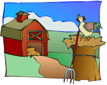 Cartoony farm scene with field, barn and silo