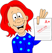 red-headed girl holding a paper marked A+