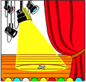 Stage with curtain and spotlight and a big X on the floor