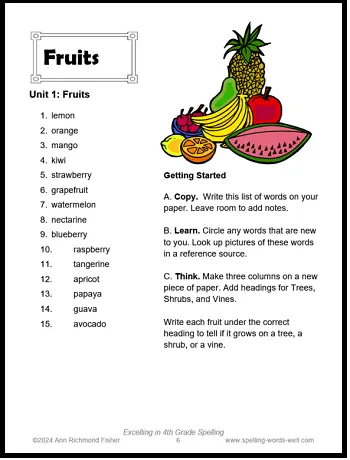 Excelling grade 4 Fruit words and activities