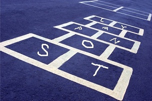 hopscotch board with letters written inside the spaces