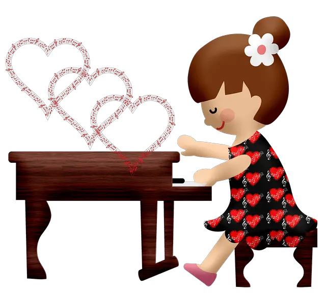 young girl playing piano, with hearts coming out of piano