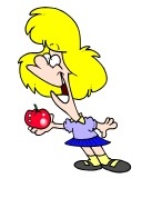 young blond girl leaning forward with a big red apple