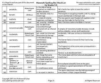 Sample page of Mammoth Spelling Bee Word List