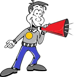 man speaking into a large red megaphone