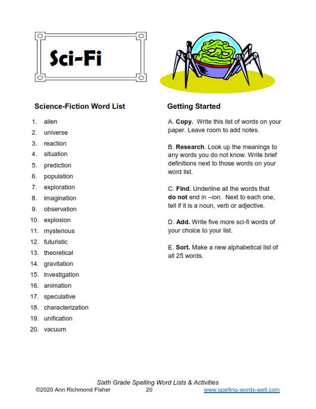 Sci-Fi Spelling Word List page