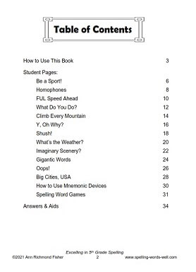 Fifth Grade Spelling Words eBook - Table of Contents