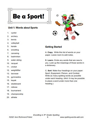 Be a Sport! Spelling Word List