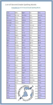 2nd grade spelling words list