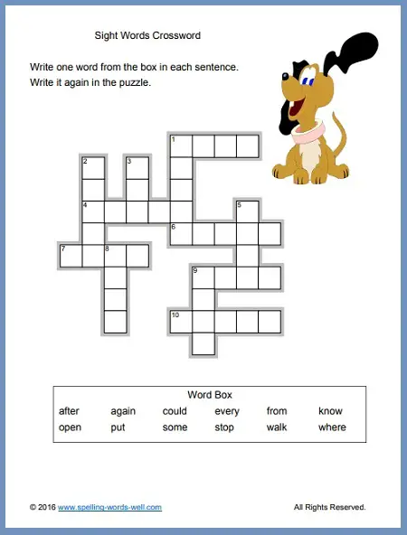 Sight Words Crossword, one of the easy crossword puzzles at www.spelling-words-well.com