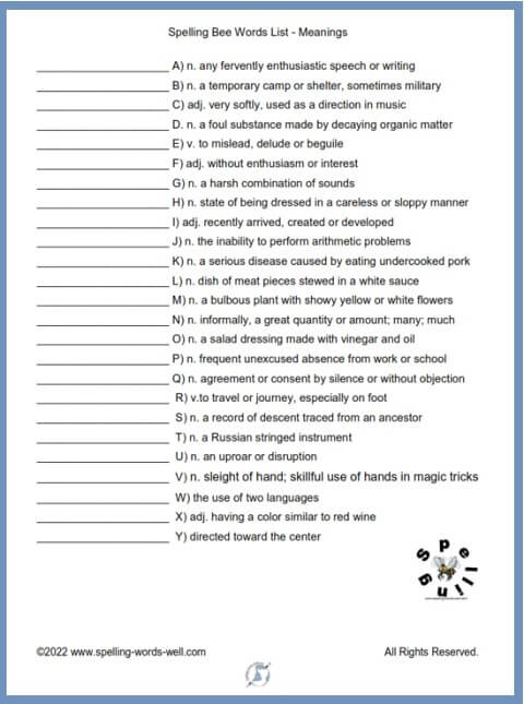 Spelling Bee Words List With Meanings