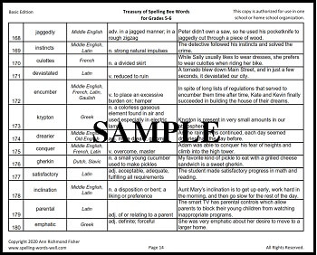 Sample page of Treasury Gr 56 spelling bee words