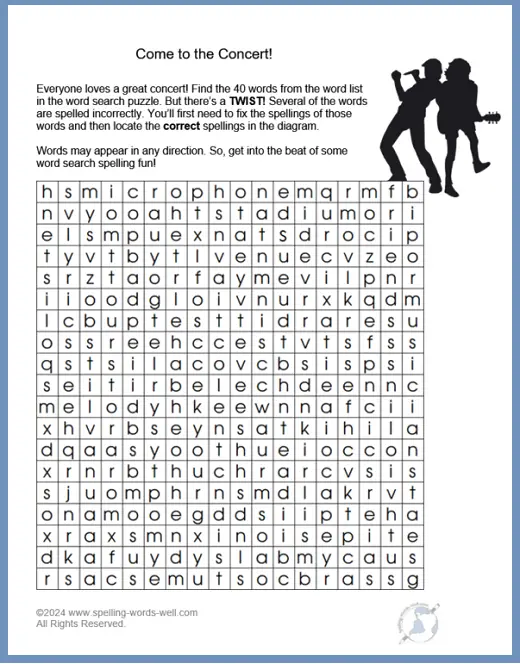 Come to the Concert-Word Search Puzzles Printables